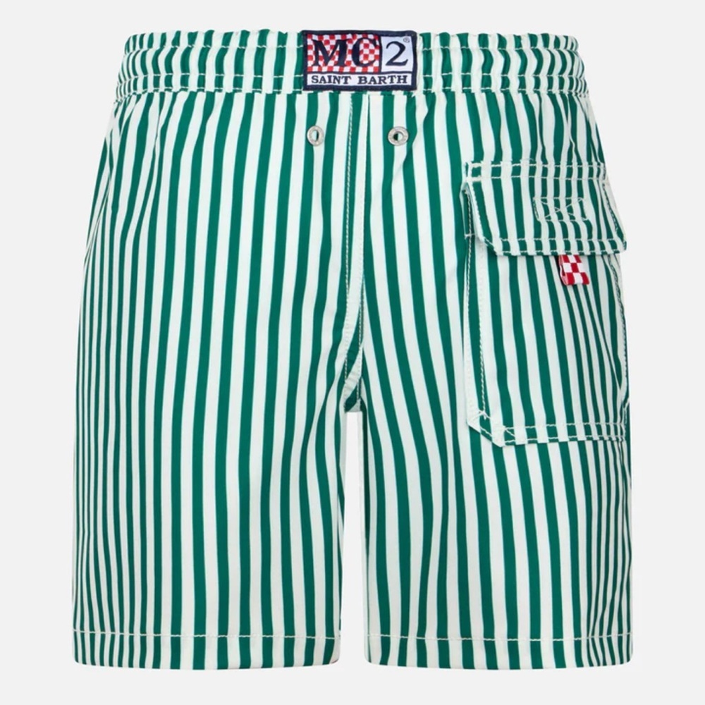 MC2 Saint Barth Men's Green and White Striped Swim Trunks